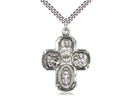 Sterling Silver 5-Way Pendant on a 24 inch Light Rhodium Heavy Curb Chain - Unique Catholic Gifts