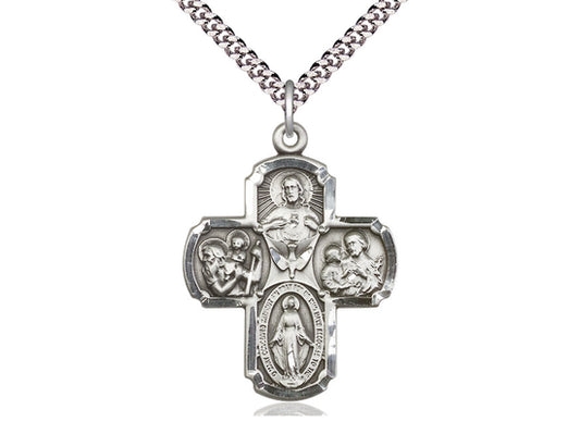 Sterling Silver 5-Way Pendant on a 24 inch Light Rhodium Heavy Curb Chain - Unique Catholic Gifts