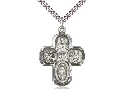 Sterling Silver 4-Way Pendant on a 24 inch Light Rhodium Heavy Curb Chain - Unique Catholic Gifts