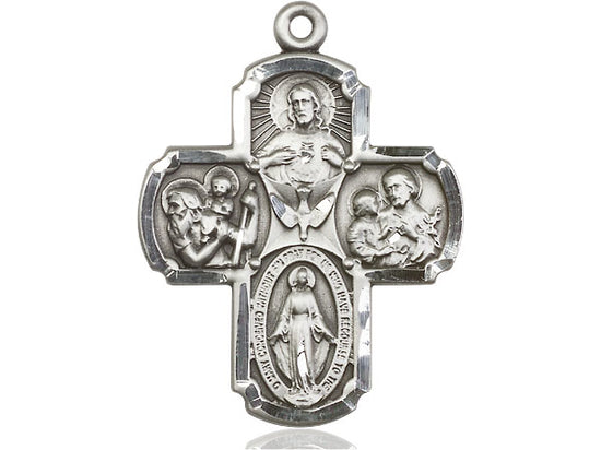 Sterling Silver 4-Way Pendant on a 24 inch Light Rhodium Heavy Curb Chain - Unique Catholic Gifts
