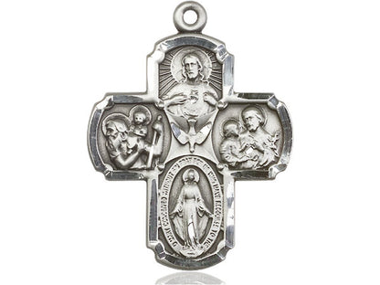 Sterling Silver 4-Way Pendant on a 24 inch Light Rhodium Heavy Curb Chain - Unique Catholic Gifts