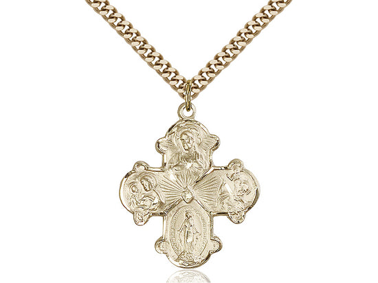 14kt Gold Filled 4-Way Pendant on a 24 inch Gold Plate Heavy Curb Chain - Unique Catholic Gifts