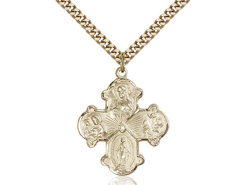 14kt Gold Filled 4-Way Pendant on a 24 inch Gold Plate Heavy Curb Chain - Unique Catholic Gifts