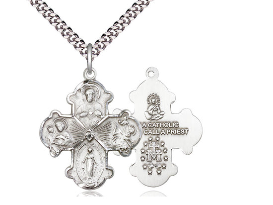 Sterling Silver 4-Way Pendant on a 24 inch Light Rhodium Heavy Curb Chain - Unique Catholic Gifts