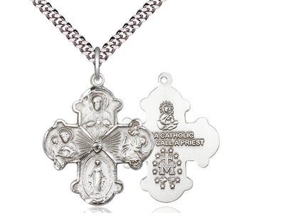 Sterling Silver 4-Way Pendant on a 24 inch Light Rhodium Heavy Curb Chain - Unique Catholic Gifts