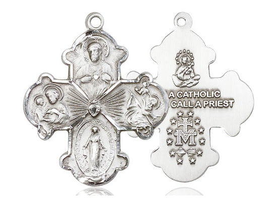 Sterling Silver 4-Way Pendant on a 24 inch Light Rhodium Heavy Curb Chain - Unique Catholic Gifts