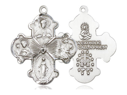 Sterling Silver 4-Way Pendant on a 24 inch Light Rhodium Heavy Curb Chain - Unique Catholic Gifts