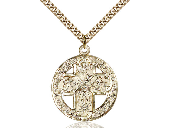 14kt Gold Filled 4-Way Pendant on a 24 inch Gold Plate Heavy Curb Chain - Unique Catholic Gifts