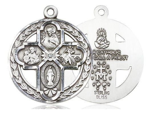 Sterling Silver 4-Way Pendant on a 24 inch Light Rhodium Heavy Curb Chain - Unique Catholic Gifts