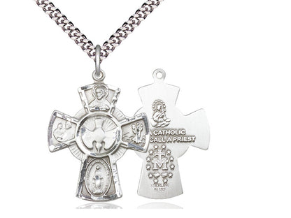 Sterling Silver 5-Way Pendant on a 24 inch Light Rhodium Heavy Curb Chain - Unique Catholic Gifts