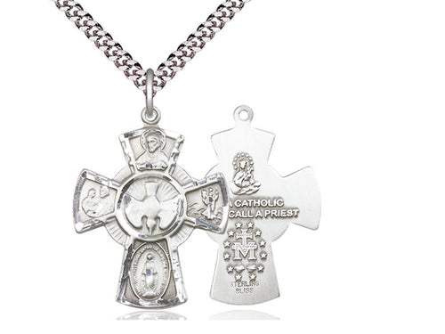 Sterling Silver 5-Way Pendant on a 24 inch Light Rhodium Heavy Curb Chain - Unique Catholic Gifts