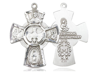 Sterling Silver 5-Way Pendant on a 24 inch Light Rhodium Heavy Curb Chain - Unique Catholic Gifts
