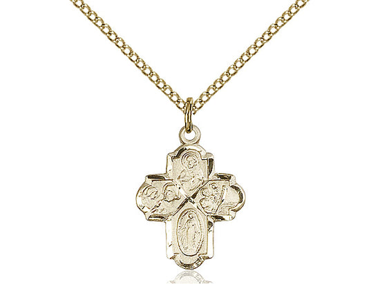 14kt Gold Filled 4-Way Pendant on a 18 inch Gold Filled Light Curb Chain - Unique Catholic Gifts