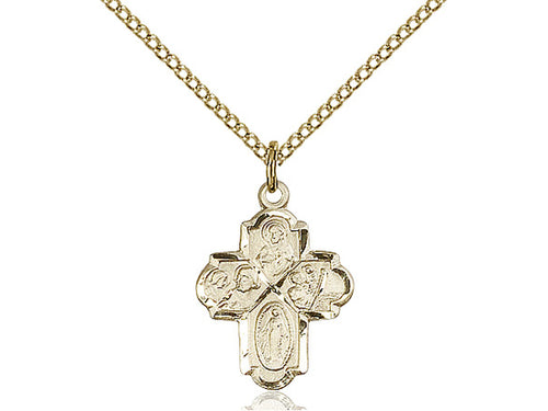 14kt Gold Filled 4-Way Pendant on a 18 inch Gold Filled Light Curb Chain - Unique Catholic Gifts