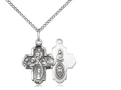 Sterling Silver 4-Way Pendant on a 18 inch Sterling Silver Light Curb Chain - Unique Catholic Gifts