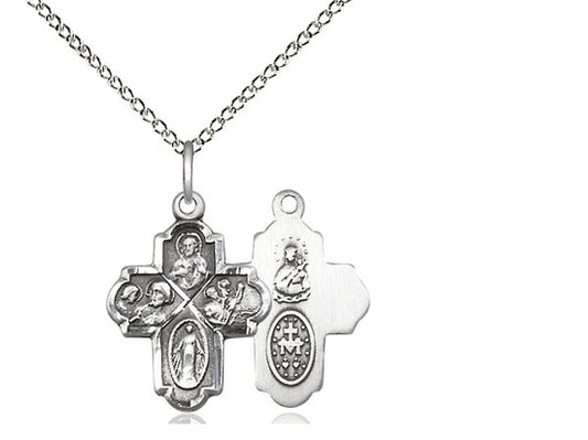 Sterling Silver 4-Way Pendant on a 18 inch Sterling Silver Light Curb Chain - Unique Catholic Gifts