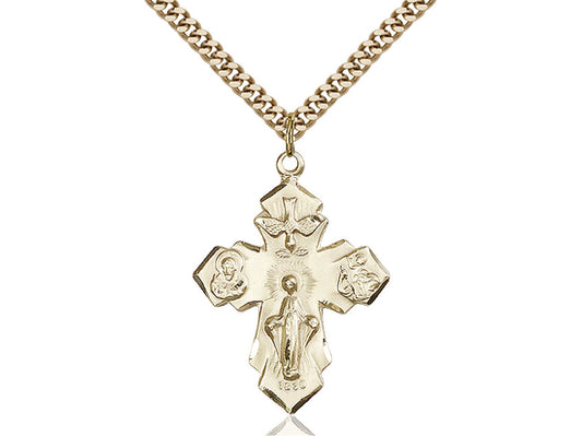 14kt Gold Filled 4-Way Pendant on a 24 inch Gold Plate Heavy Curb Chain - Unique Catholic Gifts