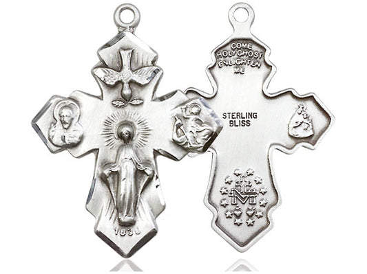 Sterling Silver 4-Way Pendant on a 24 inch Light Rhodium Heavy Curb Chain - Unique Catholic Gifts