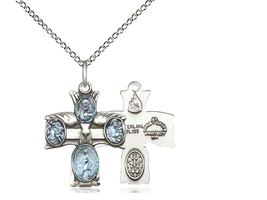 Sterling Silver 4-Way Pendant on a 18 inch Sterling Silver Light Curb Chain - Unique Catholic Gifts