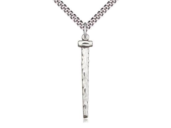 Sterling Silver Nail Pendant on a 24 inch Light Rhodium Heavy Curb Chain - Unique Catholic Gifts