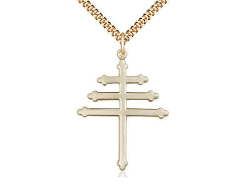 14kt Gold Filled Maronite Cross Pendant on a 24 inch Gold Plate Heavy Curb Chain - Unique Catholic Gifts
