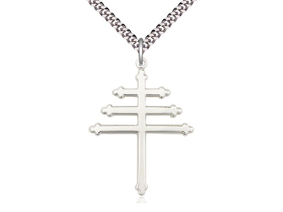 Sterling Silver Maronite Cross Pendant on a 24 inch Light Rhodium Heavy Curb Chain - Unique Catholic Gifts