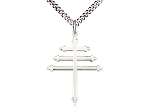 Sterling Silver Maronite Cross Pendant on a 24 inch Light Rhodium Heavy Curb Chain - Unique Catholic Gifts