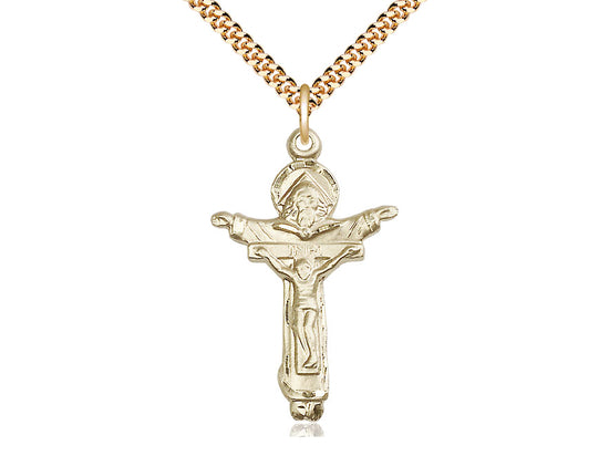 14kt Gold Filled Trinity Crucifix Pendant on a 24 inch Gold Plate Heavy Curb Chain - Unique Catholic Gifts