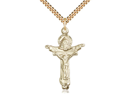 14kt Gold Filled Trinity Crucifix Pendant on a 24 inch Gold Plate Heavy Curb Chain - Unique Catholic Gifts