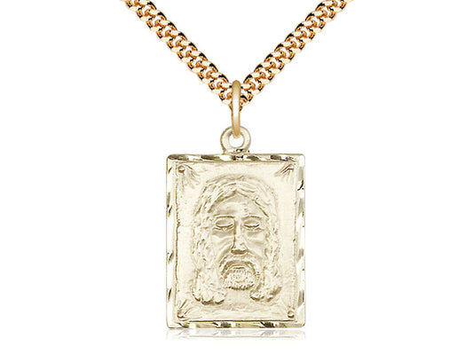 14kt Gold Filled Holy Face Pendant on a 24 inch Gold Plate Heavy Curb Chain - Unique Catholic Gifts