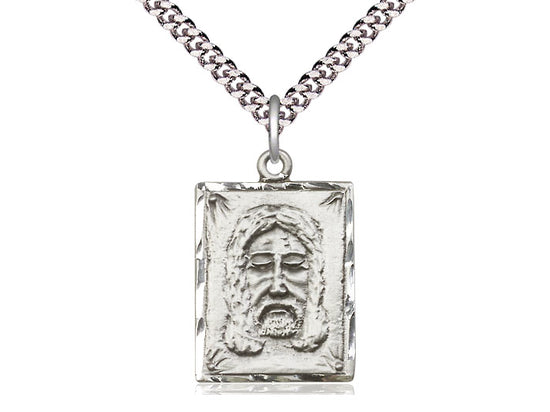 Sterling Silver Holy Face Pendant on a 24 inch Light Rhodium Heavy Curb Chain - Unique Catholic Gifts