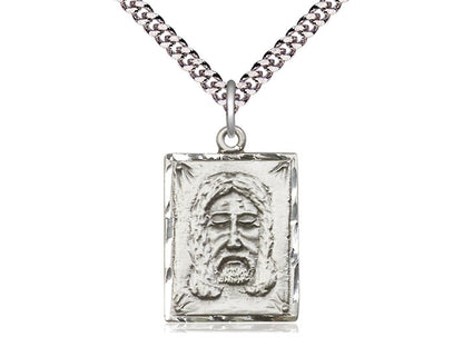 Sterling Silver Holy Face Pendant on a 24 inch Light Rhodium Heavy Curb Chain - Unique Catholic Gifts
