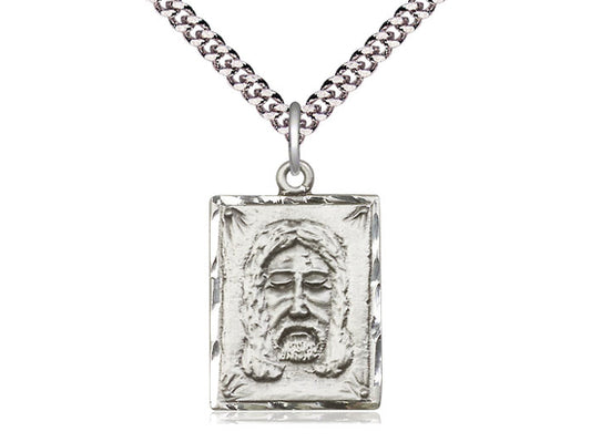Sterling Silver Holy Face Pendant on a 24 inch Light Rhodium Heavy Curb Chain - Unique Catholic Gifts