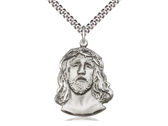 Sterling Silver Ecce Homo Pendant on a 24 inch Light Rhodium Heavy Curb Chain - Unique Catholic Gifts