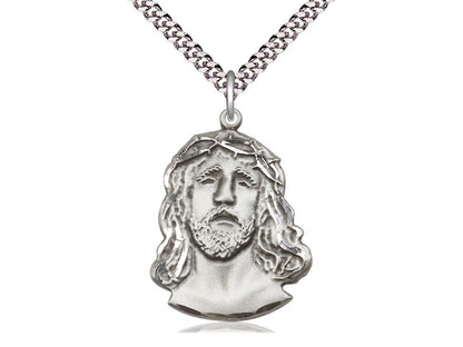 Sterling Silver Ecce Homo Pendant on a 24 inch Light Rhodium Heavy Curb Chain - Unique Catholic Gifts
