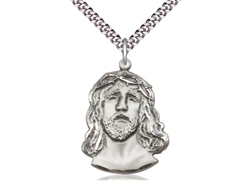 Sterling Silver Ecce Homo Pendant on a 24 inch Light Rhodium Heavy Curb Chain - Unique Catholic Gifts
