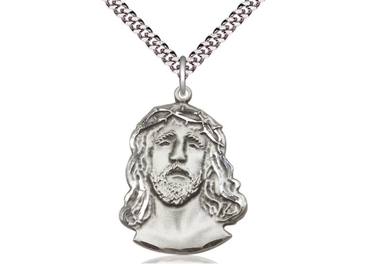 Sterling Silver Ecce Homo Pendant on a 24 inch Light Rhodium Heavy Curb Chain - Unique Catholic Gifts