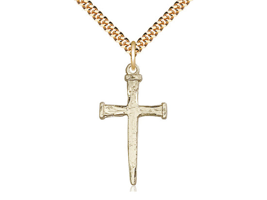 14kt Gold Filled Nail Cross Pendant on a 24 inch Gold Plate Heavy Curb Chain - Unique Catholic Gifts