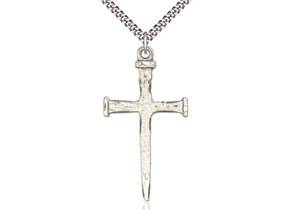 Sterling Silver Nail Cross Pendant on a 24 inch Light Rhodium Heavy Curb Chain - Unique Catholic Gifts