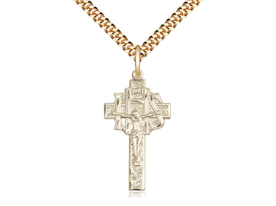 14kt Gold Filled Crucifix-IHS Pendant on a 24 inch Gold Plate Heavy Curb Chain - Unique Catholic Gifts