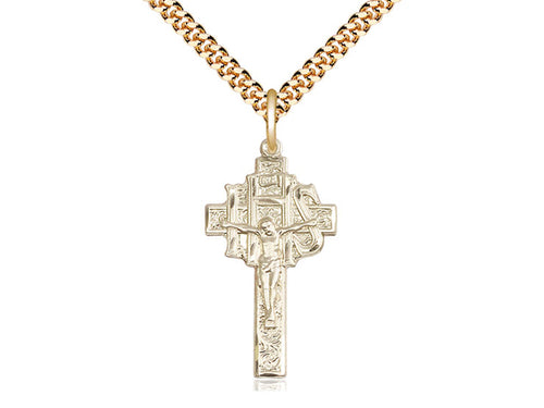 14kt Gold Filled Crucifix-IHS Pendant on a 24 inch Gold Plate Heavy Curb Chain - Unique Catholic Gifts