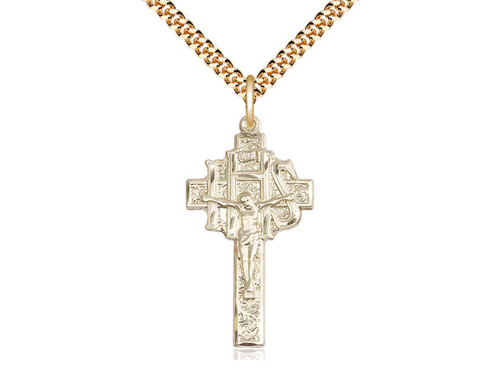 14kt Gold Filled Crucifix-IHS Pendant on a 24 inch Gold Plate Heavy Curb Chain - Unique Catholic Gifts
