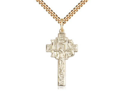 14kt Gold Filled Crucifix-IHS Pendant on a 24 inch Gold Plate Heavy Curb Chain - Unique Catholic Gifts