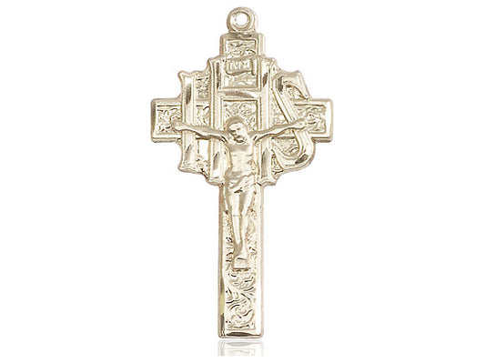 14kt Gold Filled Crucifix-IHS Pendant on a 24 inch Gold Plate Heavy Curb Chain - Unique Catholic Gifts