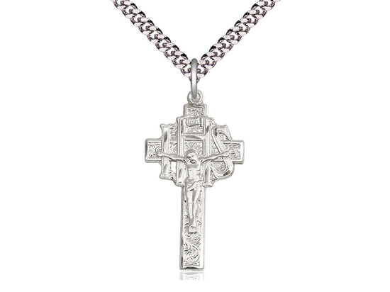 Sterling Silver Crucifix-IHS Pendant on a 24 inch Light Rhodium Heavy Curb Chain - Unique Catholic Gifts