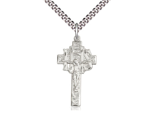 Sterling Silver Crucifix-IHS Pendant on a 24 inch Light Rhodium Heavy Curb Chain - Unique Catholic Gifts