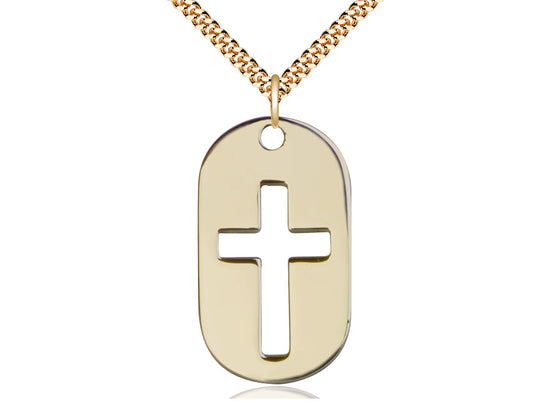 14kt Gold Filled Cross Dog Tag Pendant on a 24 inch Gold Plate Heavy Curb Chain - Unique Catholic Gifts