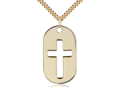 14kt Gold Filled Cross Dog Tag Pendant on a 24 inch Gold Plate Heavy Curb Chain - Unique Catholic Gifts