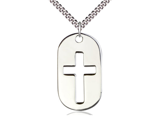 Sterling Silver Cross Dog Tag Pendant on a 24 inch Light Rhodium Heavy Curb Chain - Unique Catholic Gifts