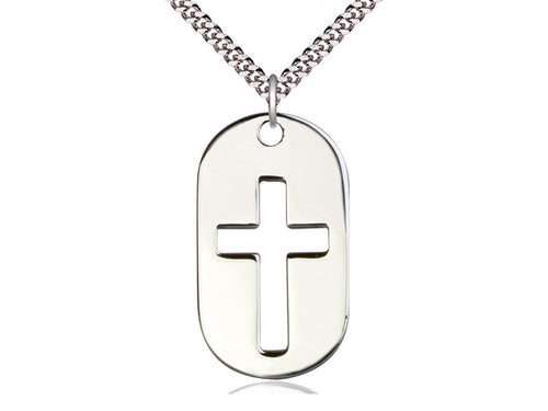 Sterling Silver Cross Dog Tag Pendant on a 24 inch Light Rhodium Heavy Curb Chain - Unique Catholic Gifts
